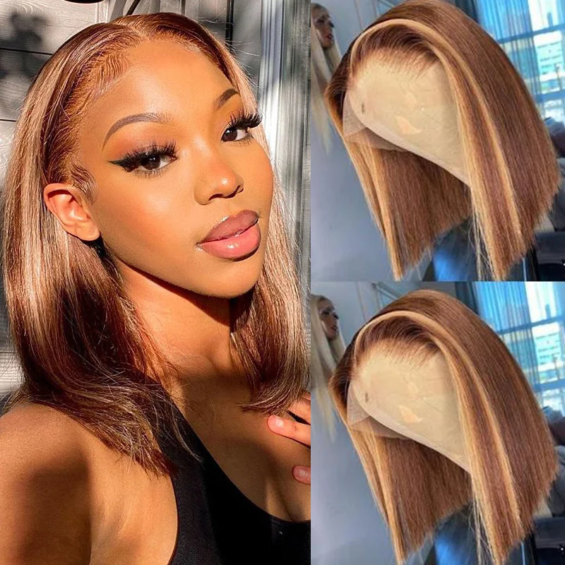 natural-looking wigs for different occasions -Straight Hair Honey Blonde Highlight Bob Wig 13*4 Lace Frontal Colored Wigs-Amanda Hair