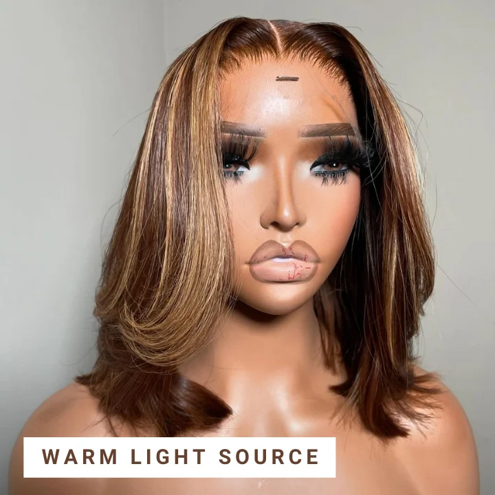 high-quality lace front wigs for natural blend -Highlight Honey Blonde Mix Brown Brazilian Short Bob Straight Glueless Lace Wigs Transparent Lace Frontal Wig Pre Plucked Glueless Lace Wigs No Code Needed