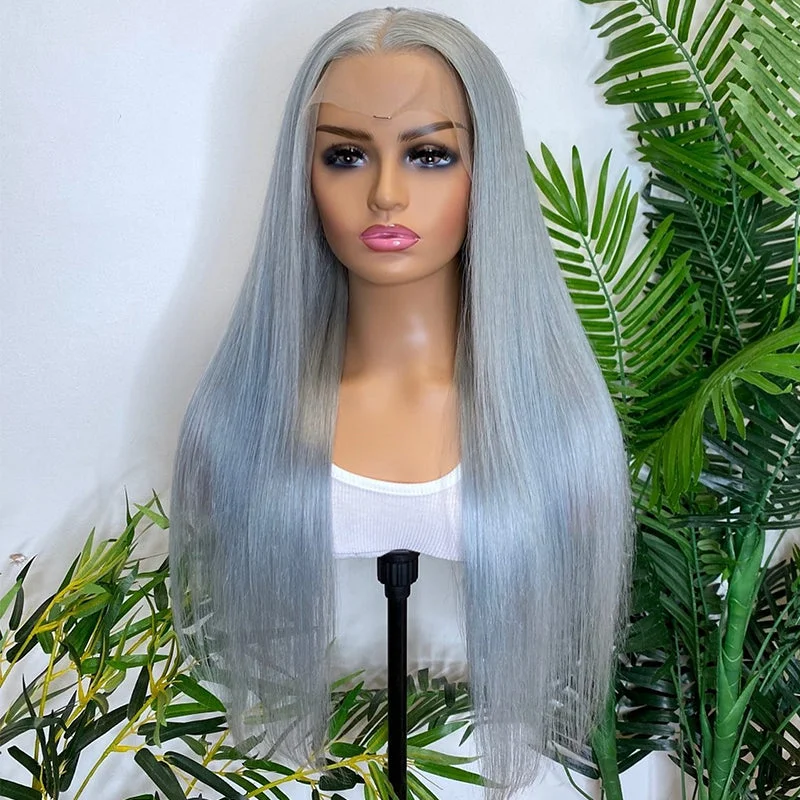 full lace wigs for realistic scalp appearance -Ash Gray Colored 13×4 Transparent Lace Front Wig Straight Hair 200% density