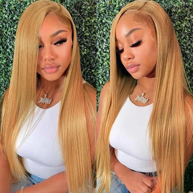 affordable wigs for people with hair loss -Honey Blonde #27 Straight 4x4/5x5/13x4  Lace Closure/Frontal Transaparent Wigs 150%/180% Density HD Lace Wigs Pre-plucked with Baby Hair