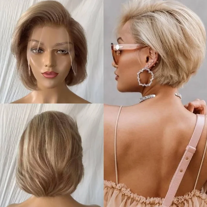 full lace wigs for complete coverage -Honey Blonde Pixie Cut Wig Lace Frontal Brazilian Hair for Black Women