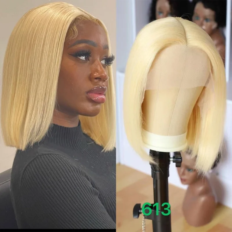 affordable wigs for everyday use -Hot Sale Blonde 613 Color 13x4 Frontal T part Wig 12inches