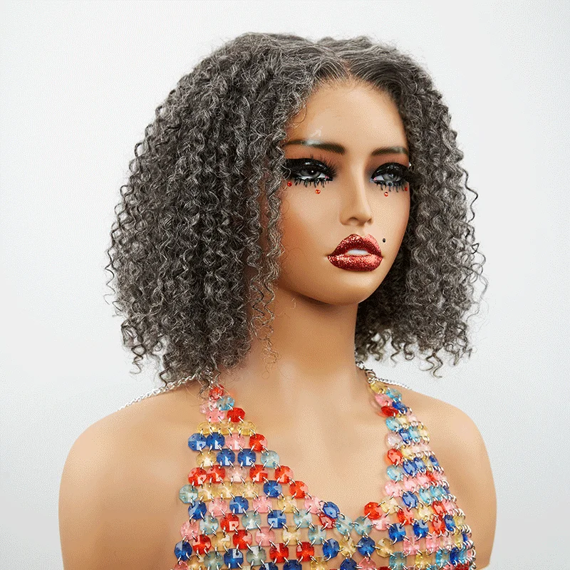 blonde wigs for natural and sun-kissed styles -7x5 Glueless Kinky Curly Color Salt & Pepper Bob Wig