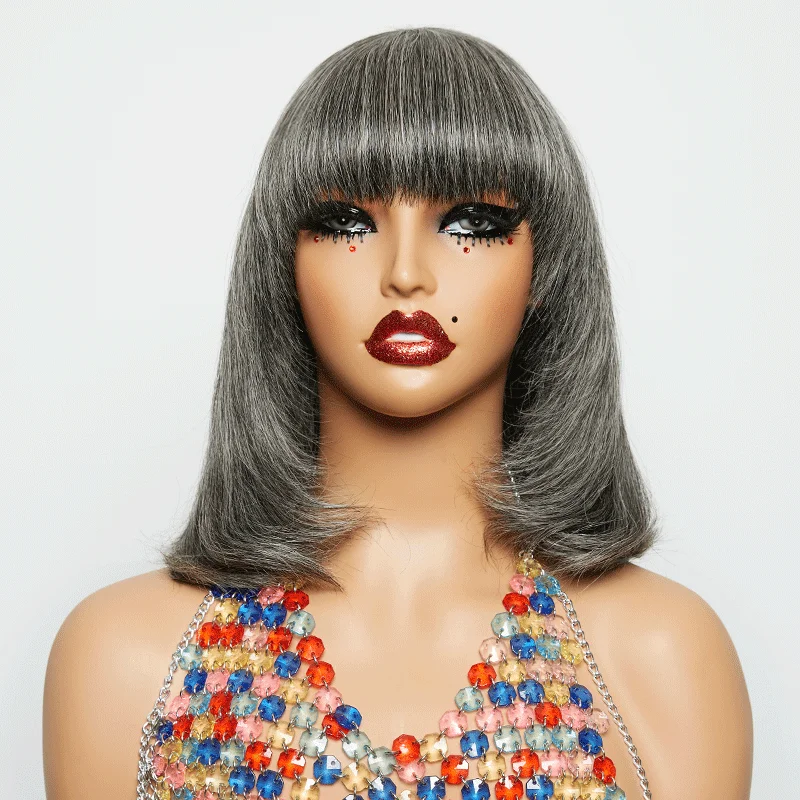 heat-resistant wigs for styling flexibility -Glueless Layer Salt & Pepper Color Bob Wig Straight