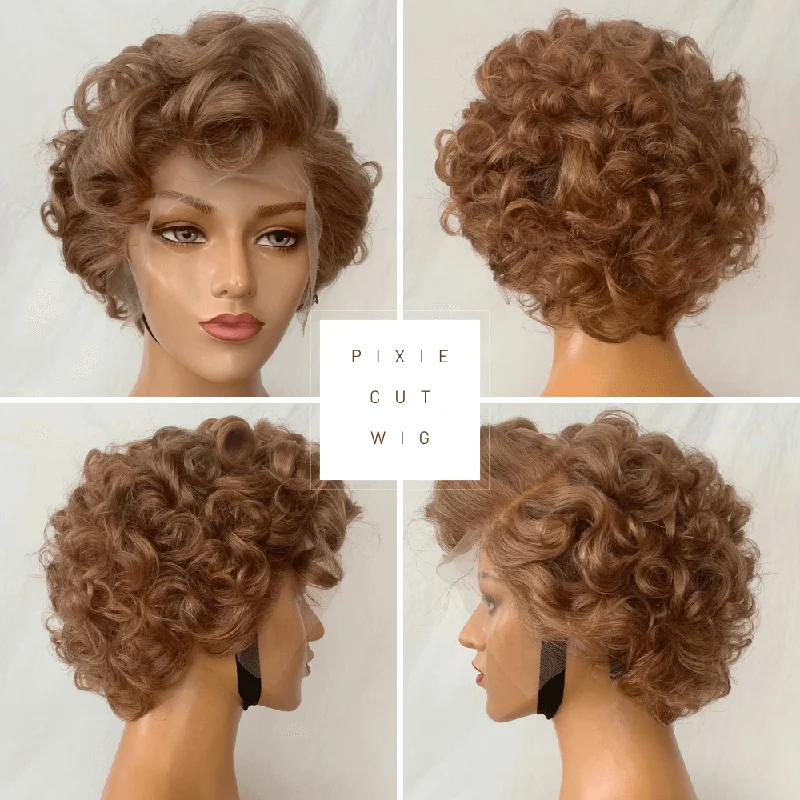 human hair wigs for a natural look and feel -Light Brown Wavy Pixie Cut Lace Wig Brazilian Hair for African American