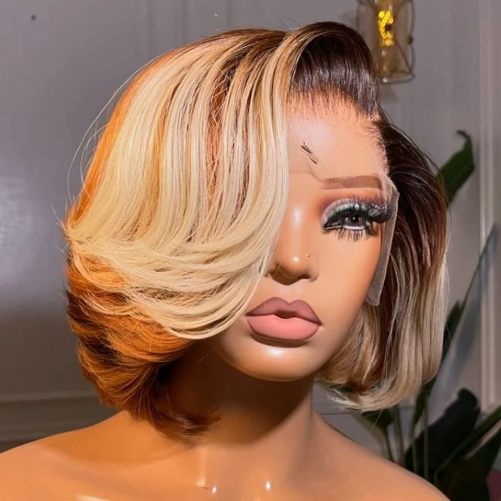 realistic human hair wigs for all-day wear -Ombre Brown To 613# Brazilian Short Layer Bob Body Wave Glueless Lace Wigs TransparentStunning Gradient Lace Frontal Wig Pre Plucked Glueless Lace Wigs No Code Needed -Amanda Hair Clearance Flash Sale