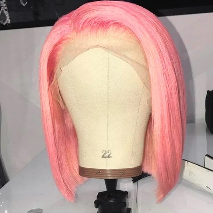 natural curly wigs for effortless style -Pink color 13x4 Lace Front Straight Bob Wigs 180% Density