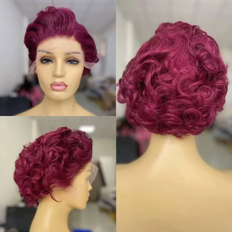 trendy pink wigs for bold fashion statement -Purple Pixie Cut Lace Wig Wave Lace Frontal Brazilian Hair for Women