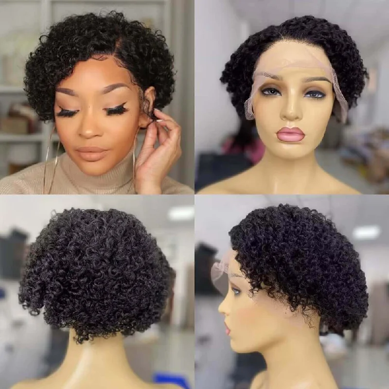 affordable curly wigs for everyday wear -Short Black Kinky Curl Pixie Cut Wig Lace Frontal for Black Women