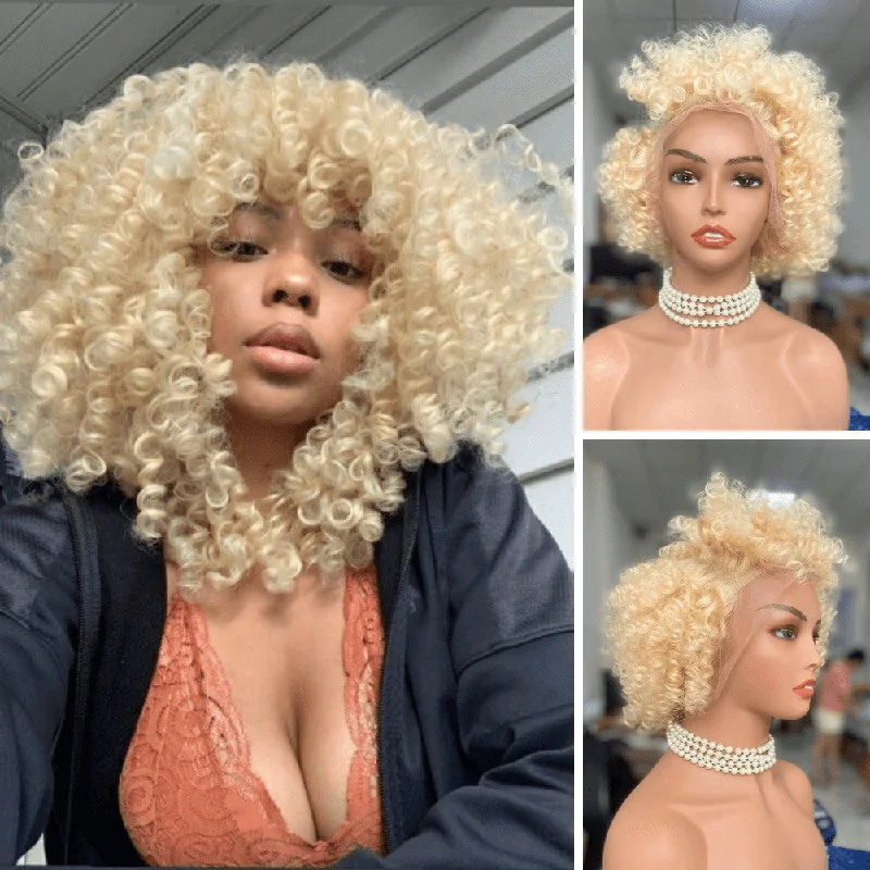 full volume wigs for fuller head of hair -Short Blonde Afro Kinky Wig Lace Frontal Brazilian Hair for Black Women 