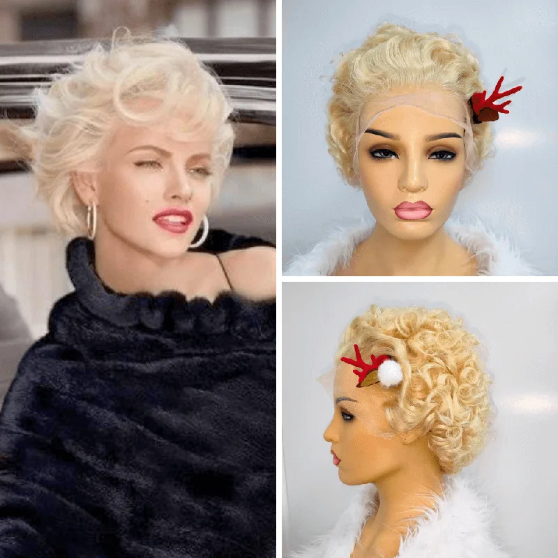 wigs for women with large heads and comfort -Short Blonde Pixie Cut Wig Wavy Virgin Hair Lace Front Wig for Black Women