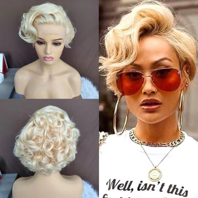 voluminous blonde wigs for summer style -Short Curly Blonde Pixie Cut Wig Brazilian Hair for African American