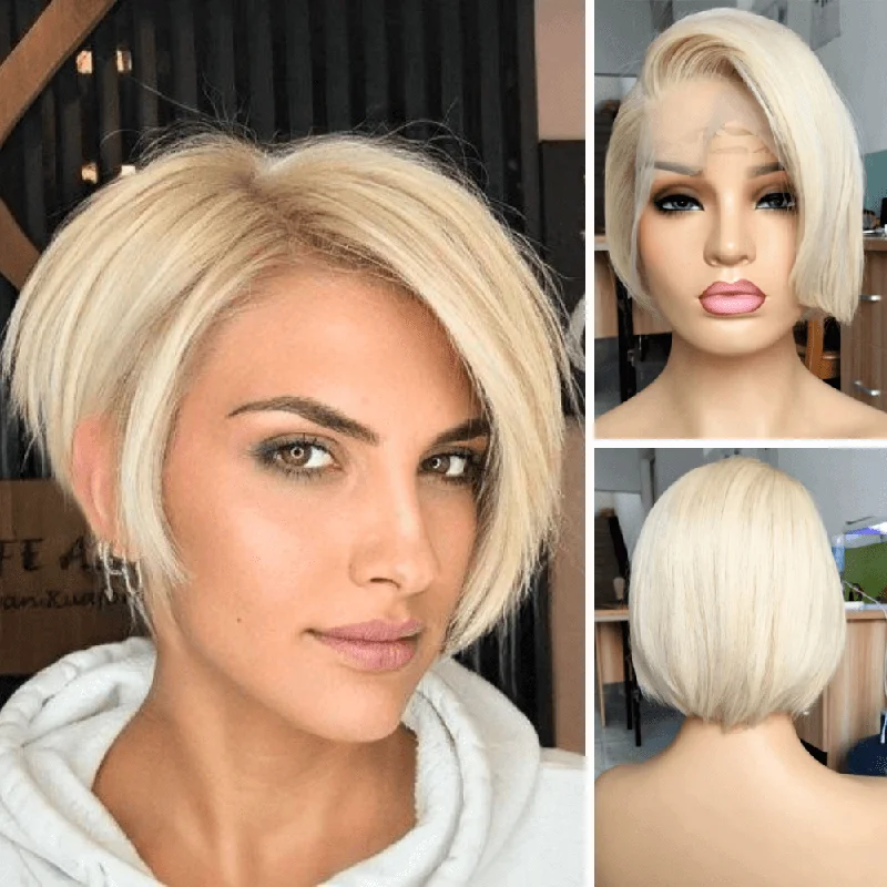 natural wigs for women with straight hair -Side Part Blonde Bob Wig Lace Frontal Brazilian Hair for Black Women