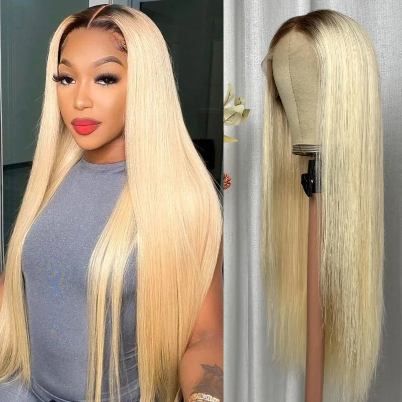 medium length wigs for everyday wear -Blonde With Dark Roots  Butterfly Haircut 13x4 T Part Lace Front Wigs