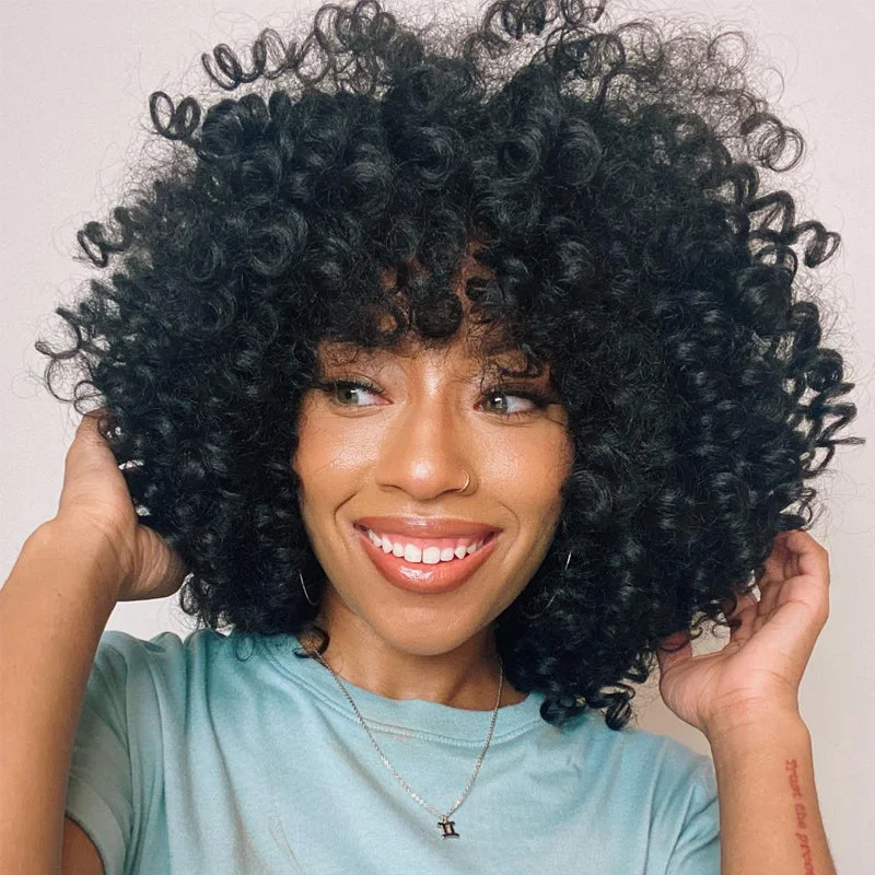 long curly wigs for glamorous looks -Glueless Pixie Cut Loose Bouncy Curls With Bangs Bob Wigs