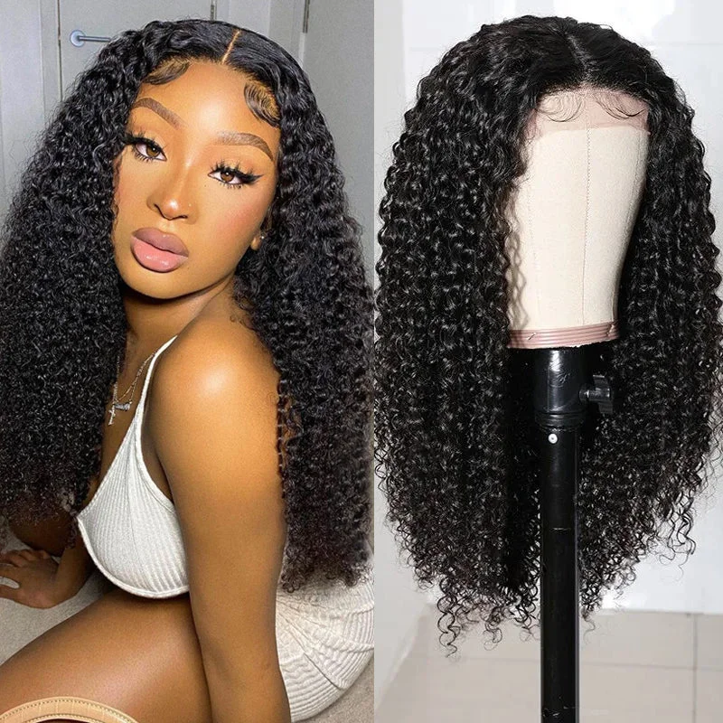 long straight wigs for elegant finish -Bouncy Jerry Curly 4x4 Lace Closure Hand Tied Lace Part Wigs 150% Density