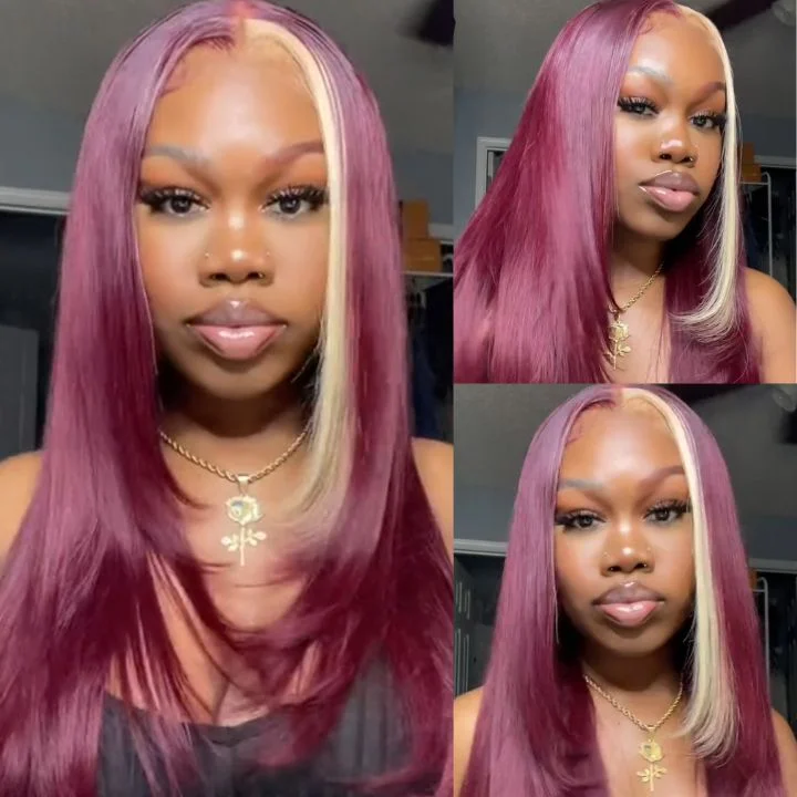 ombre wigs for unique and bold hair color -Tiktok EbonyRosa Same Wig Straight 13*4 Lace Front Red Wine & Blonde Skunk Stripe Color  99J Burgundy Wig-Amanda Hair