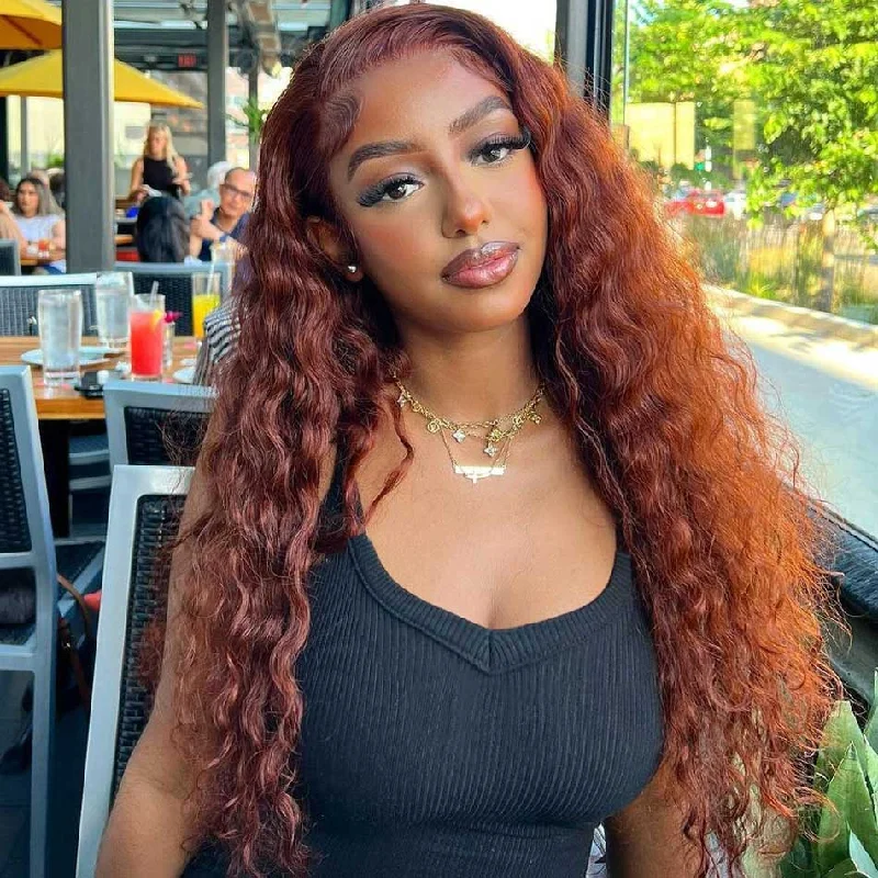 affordable curly wigs for everyday wear -Tuneful Glueless #33 Auburn Reddish Brown Color 13x6 5x5 4x6 Lace Front Closure Deep Wave 180% Density Wigs