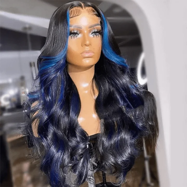 wigs for natural hair look and texture -Tuneful Glueless Blue Highlights Colored 13x6 5x5 4x6 Lace Front Closure Body Wave Wig 180% Denisty