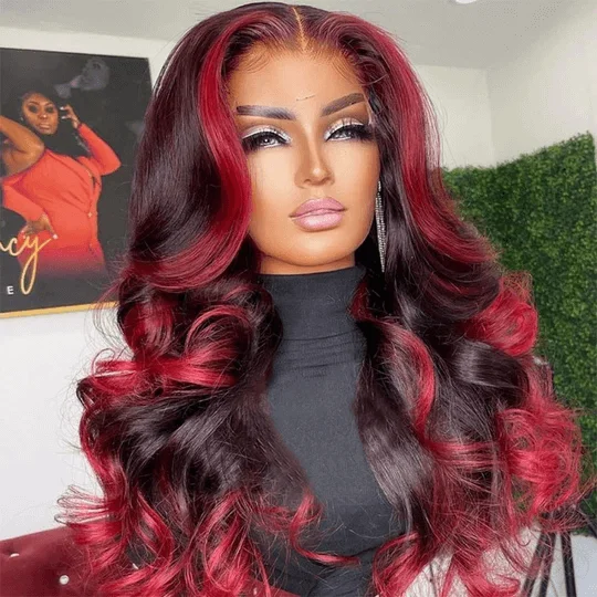 full volume wigs for fuller head of hair -Tuneful Glueless Ombre Red Highlights Color 13x6 5x5 4x6 Lace Frontal Closure Loose Wave 180% Density Wig