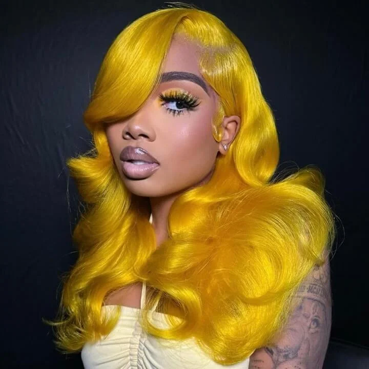 wigs for women with thick hair volume -Tuneful Special Customise Yellow Colored 13x4 13x6 HD Lace Frontal Wigs 210% Density