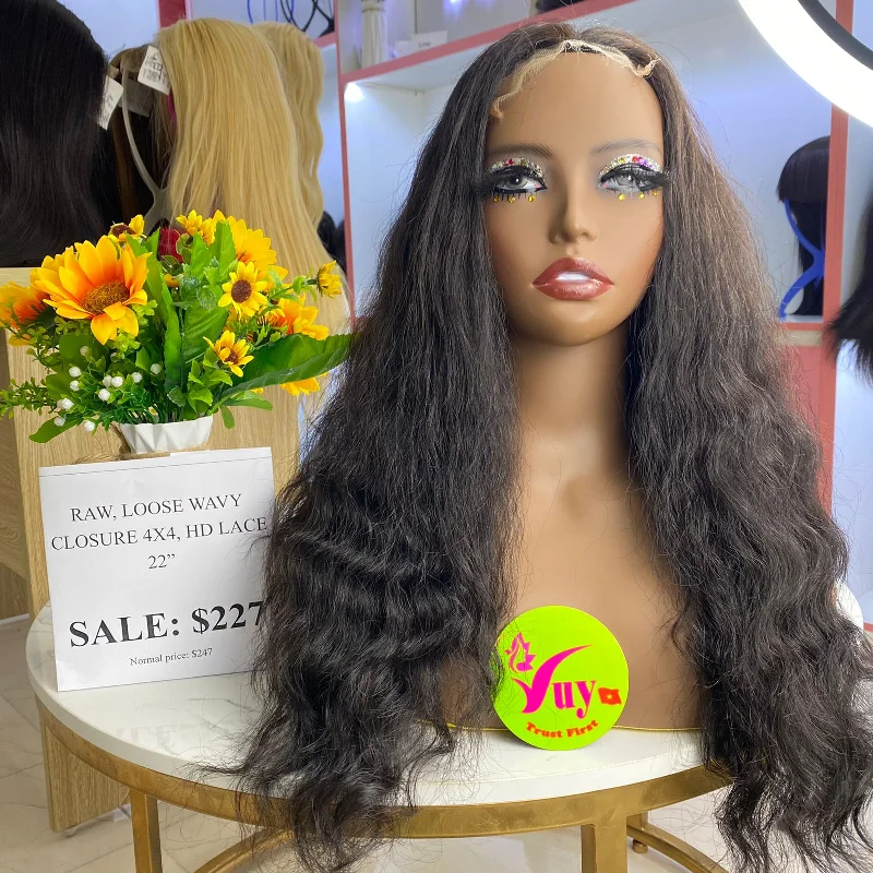 easy-to-wear wigs for everyday use -22" Wig Loose Wavy, Closure 4x4 HD Lace, Double Drawn, Raw hair (W53)